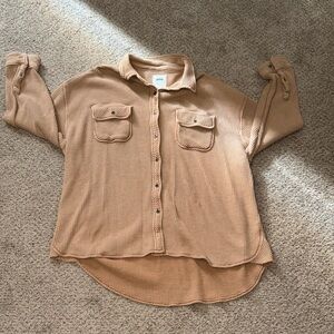 Aerie Tan Waffle Knit Button-Up Shirt oversized